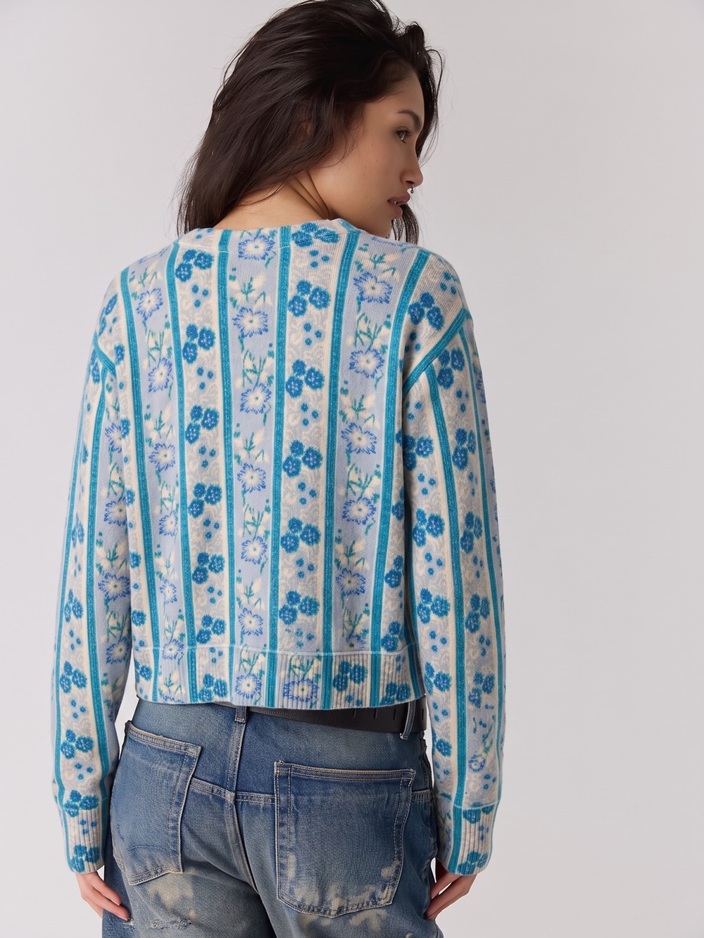 Free People Nocturnal Cashmere Cardi Cardigan Sweater Cottage Blue Floral XL - Picture 6 of 15